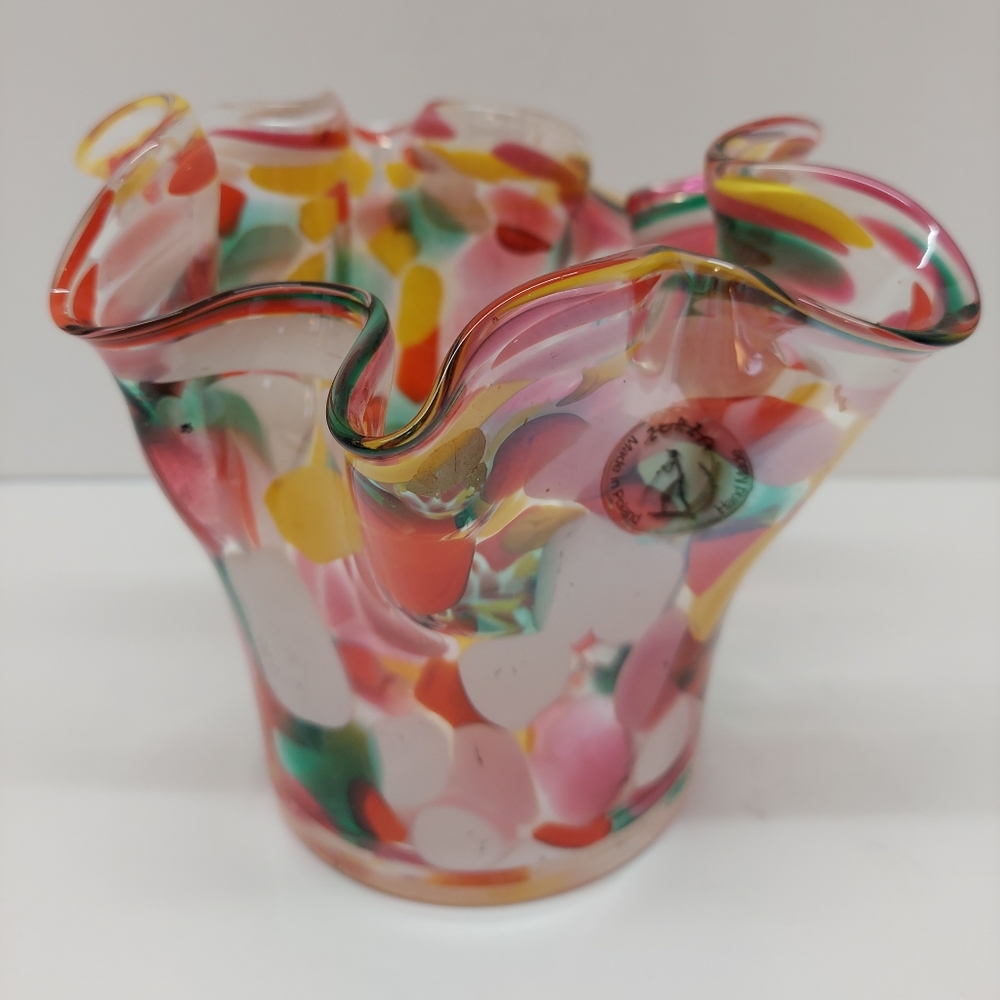 Zorza Poland handblown glass handkerchief vase candle holder confetti pink green